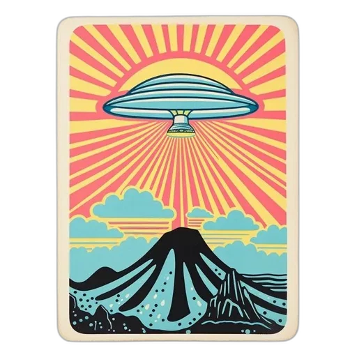 jacket, outer space, vibrant, saucer-shaped, ufo, depicted, hovering, above transparent PNG cut-out