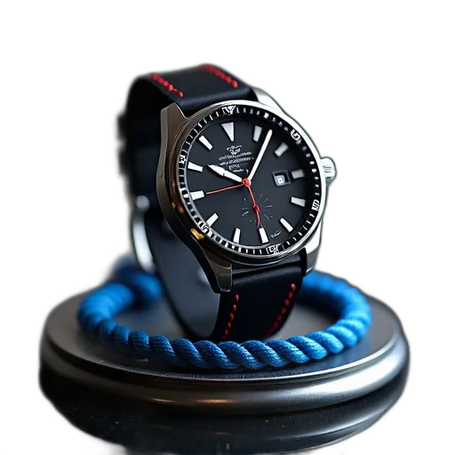 3d render, photorealistic, silver, black, wristwatch, strap, displayed, reflective transparent PNG cut-out