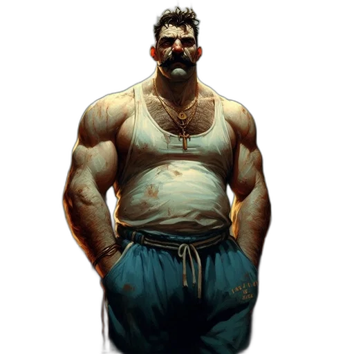 concept art, comic book art, fantasy art, photorealistic, muscular, man, mustache, stands transparent PNG cut-out