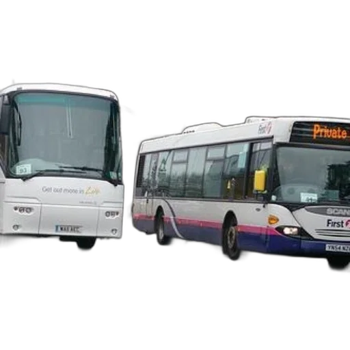 3d render, photorealistic, two, buses, one, text, get, out transparent PNG cut-out