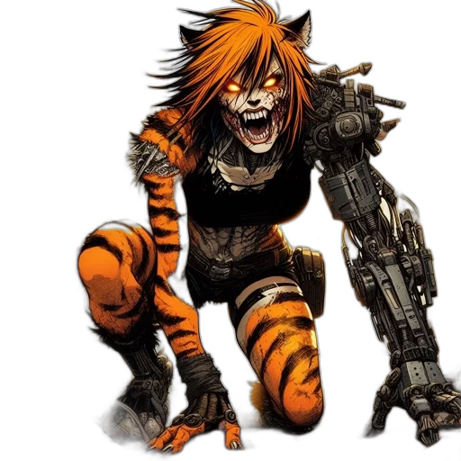 animal, concept art, comic book art, fantasy art, cyberpunk, aggressive, anthropomorphic, tiger transparent PNG cut-out