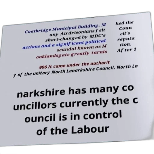 sign, reads, coatbridge, municipal, building, brief, description, area transparent PNG cut-out
