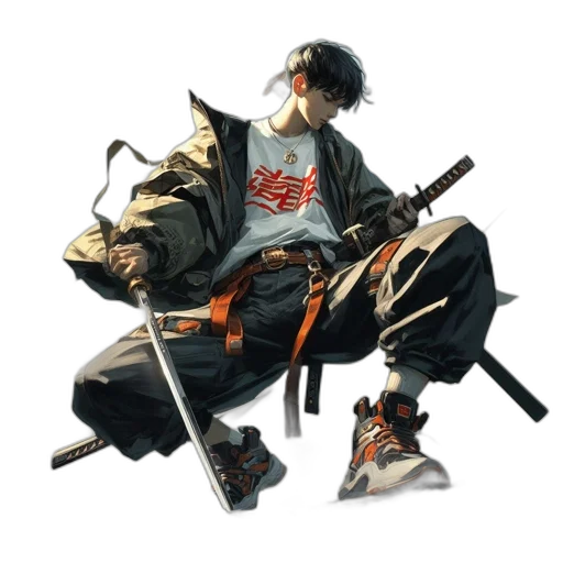 weapon, jacket, staff, sword, concept art, pixel art, cyberpunk, photorealistic transparent PNG cut-out