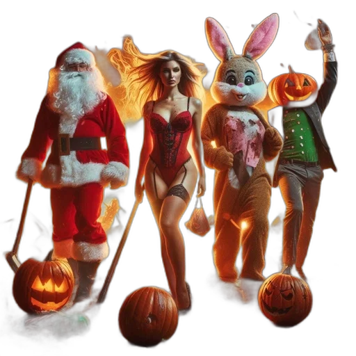 concept art, fantasy art, festive, yet, chaotic, scene, santa, figure transparent PNG cut-out