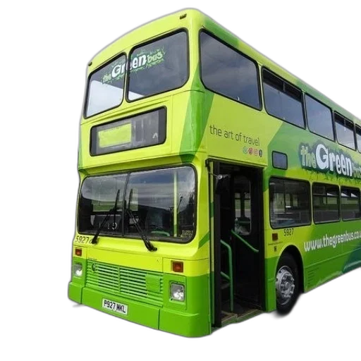 3d render, green, double-decker, bus, words, art, travel, side transparent PNG cut-out