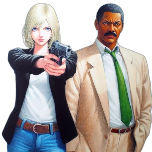 weapon, jacket, comic book art, concept art, anime, cartoon, city street, two transparent PNG cut-out