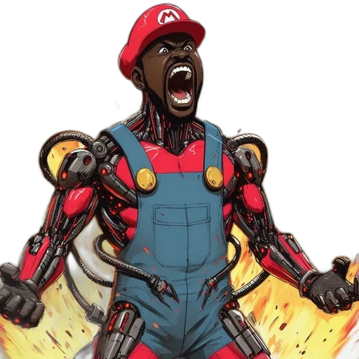 concept art, comic book art, anime, cartoon, man, resembling, mario, fierce transparent PNG cut-out