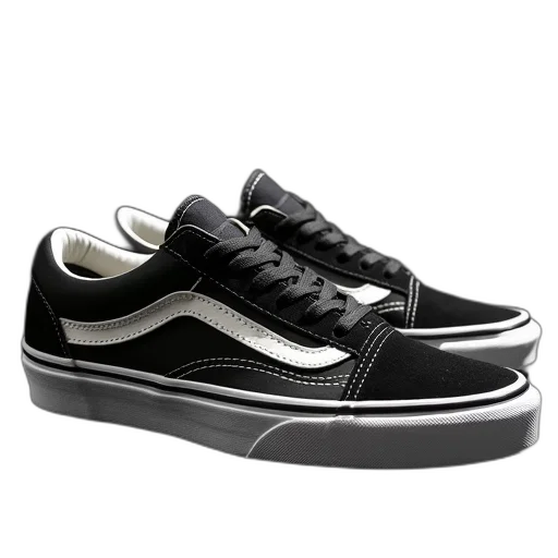 shoes, photorealistic, 3d render, vans, old, skool, black transparent PNG cut-out