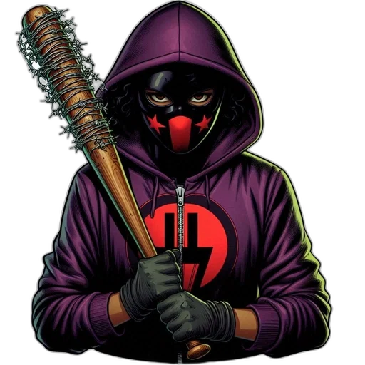 staff, jacket, weapon, mask, comic book art, concept art, pixel art, character transparent PNG cut-out