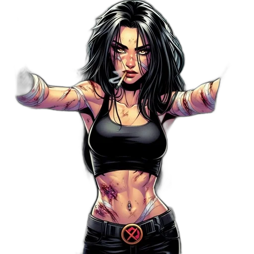 comic book art, concept art, pixel art, cartoon, tough-looking, woman, cigarette, injuries transparent PNG cut-out