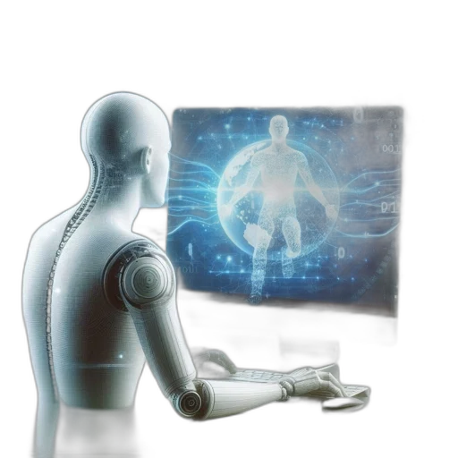 robot, concept art, anthropomorphic, interacts, computer, displaying, projection, person transparent PNG cut-out