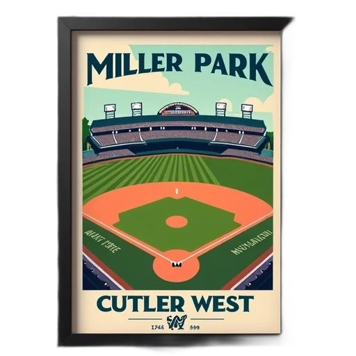 pixel art, framed, poster, baseball, stadium, words, miller, park transparent PNG cut-out