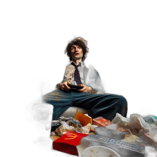 food, concept art, photorealistic, 3d render, fantasy art, young, man, sits transparent PNG cut-out