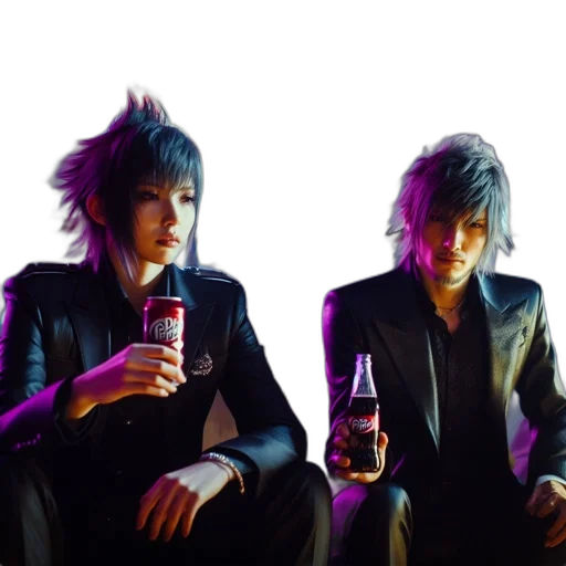 bottle, jacket, cyberpunk, vaporwave, neon lights, two, men, resembling transparent PNG cut-out