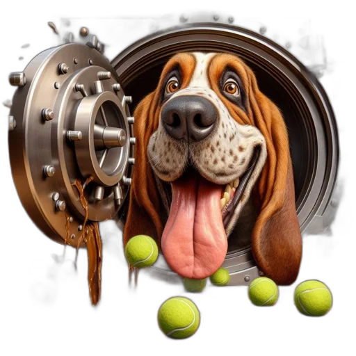 photorealistic, whimsical, scene, comically, oversized, basset, hound, exits transparent PNG cut-out