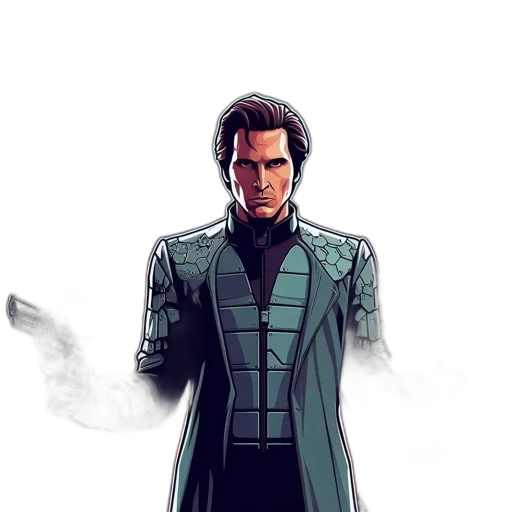 jacket, staff, comic book art, concept art, pixel art, fantasy art, dark, green transparent PNG cut-out