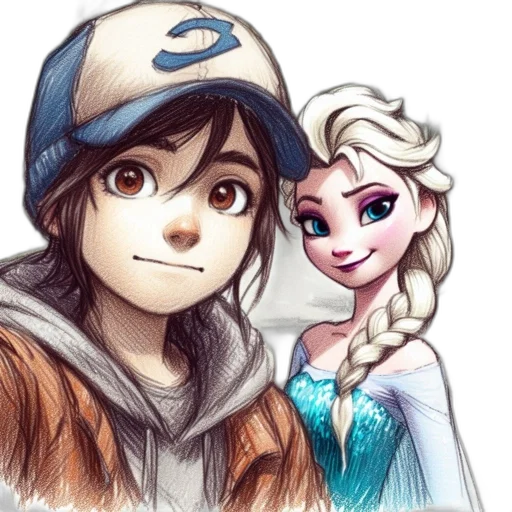 cartoon, fantasy art, comic book art, watercolor, snow, blue, two, characters transparent PNG cut-out