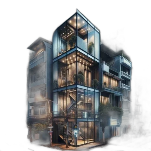 building, furniture, concept art, 3d render, photorealistic, fantasy art, city street, evening transparent PNG cut-out