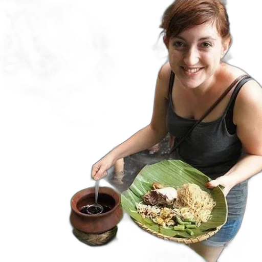 food, photorealistic, woman, smiles, while, holding, plate, banana transparent PNG cut-out