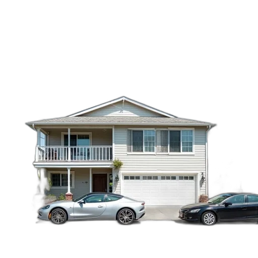 car, building, 3d render, photorealistic, two-story, house, gray, roof transparent PNG cut-out