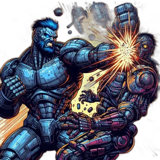 robot, weapon, comic book art, concept art, fantasy art, fire, outer space, blue transparent PNG cut-out