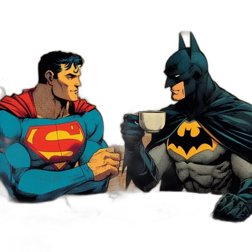 comic book art, concept art, superman, batman, sit, cafe, both, dressed transparent PNG cut-out