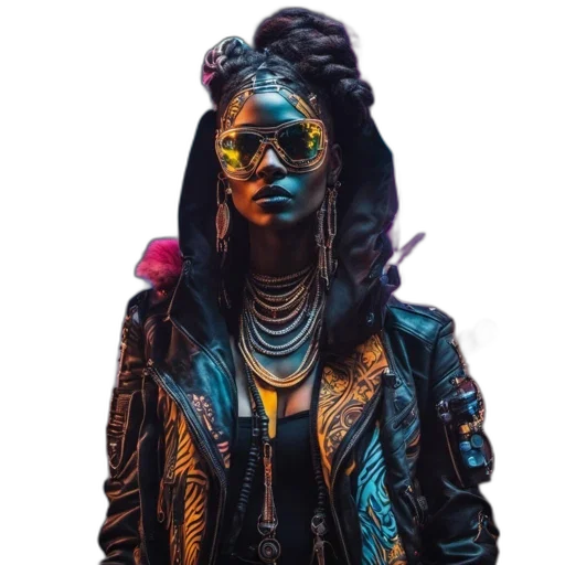 jacket, jewelry, mask, face, cyberpunk, concept art, 3d render, comic book art transparent PNG cut-out