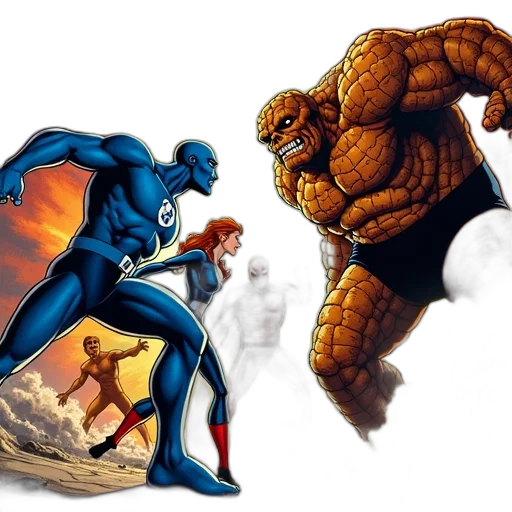 comic book art, concept art, cover, fantastic, four, featuring, iconic, team transparent PNG cut-out