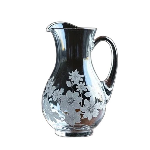 photorealistic, 3d render, monochrome, clear, glass, pitcher, intricate, floral transparent PNG cut-out