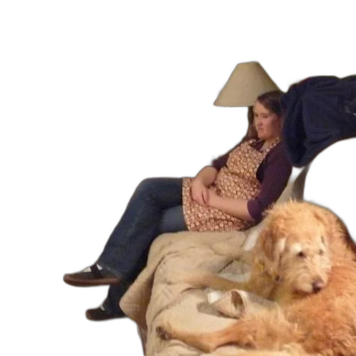 furniture, fire, woman, apron, sits, couch, dog transparent PNG cut-out