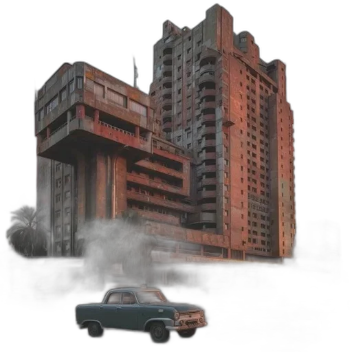 building, car, robot, concept art, 3d render, photorealistic, cyberpunk, city street transparent PNG cut-out