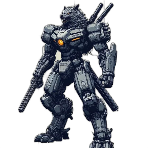 robot, weapon, concept art, 3d render, pixel art, fantasy art, monochrome, mecha transparent PNG cut-out