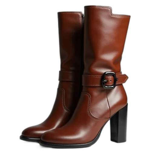 shoes, photorealistic, pair, brown, leather, high-heeled, boots, black transparent PNG cut-out