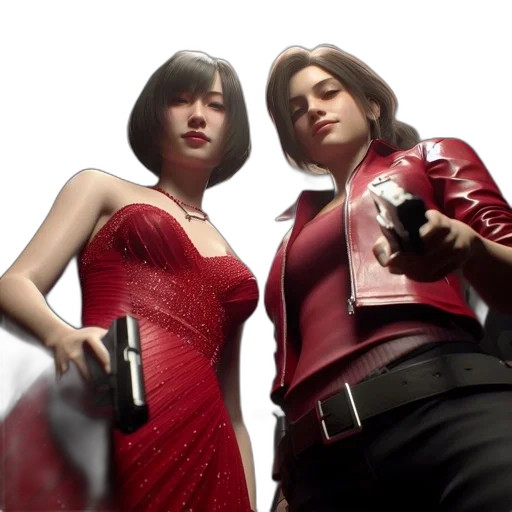 concept art, two, women, stand, together, dimly, lit, space transparent PNG cut-out