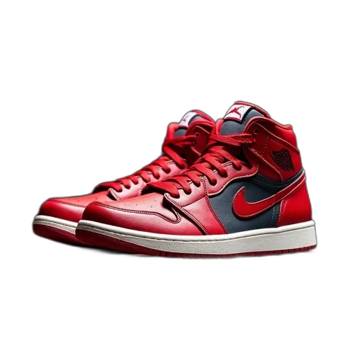 shoes, 3d render, photorealistic, red, pair, jordans, display transparent PNG cut-out