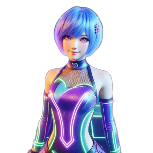 robot, dress, 3d render, vaporwave, cyberpunk, concept art, neon lights, outer space transparent PNG cut-out