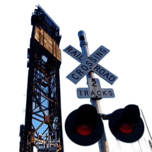 railroad, crossing, sign, two, red, lights, tower, background transparent PNG cut-out