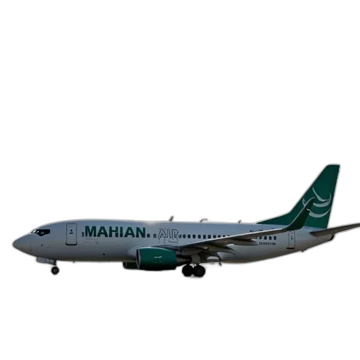 3d render, white, airplane, words, mahan, air, side, parked transparent PNG cut-out