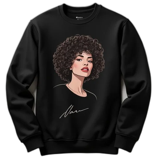 jacket, cartoon, photorealistic, black, sweatshirt, graphic, woman, curly transparent PNG cut-out