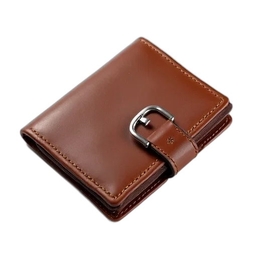 classic, brown, leather, wallet, silver, buckle, placed, white transparent PNG cut-out