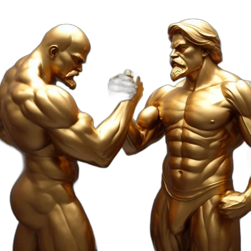 concept art, 3d render, photorealistic, two, massive, gold, statues, muscular transparent PNG cut-out