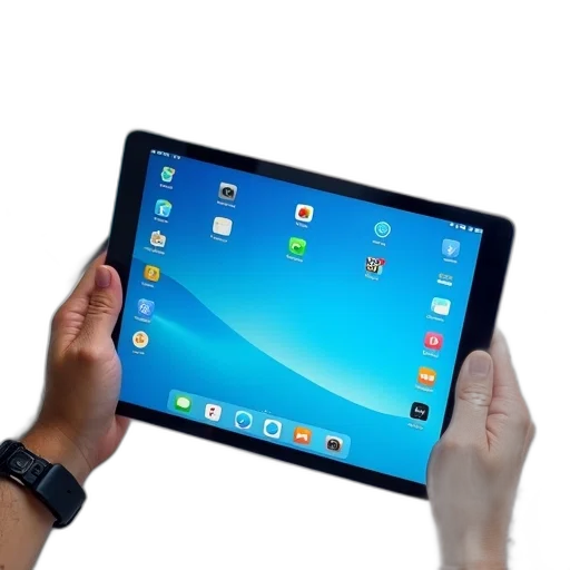 staff, person, holding, large, tablet, blue, screen, displaying transparent PNG cut-out