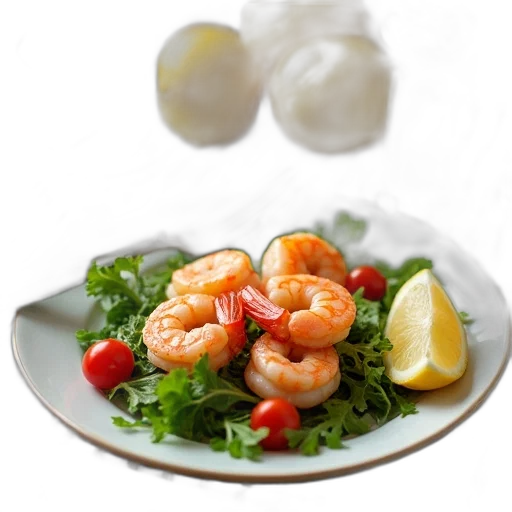 food, photorealistic, 3d render, plate, shrimp, salad, greens, cherry transparent PNG cut-out