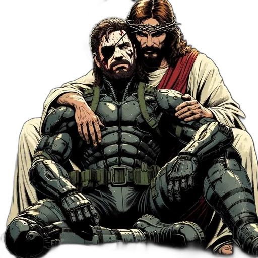 comic book art, concept art, two, men, sit, together, one, wears transparent PNG cut-out