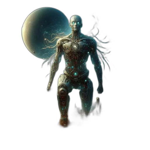 creature, robot, staff, hair, concept art, fantasy art, 3d render, comic book art transparent PNG cut-out