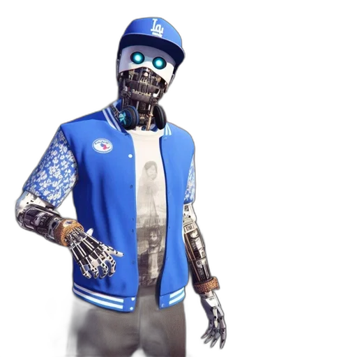 robot, mask, jacket, staff, concept art, 3d render, cyberpunk, photorealistic transparent PNG cut-out