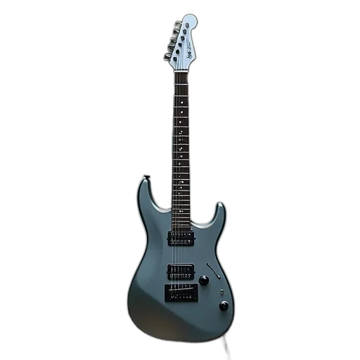 3d render, silver, electric, guitar, positioned, wooden, bridge, over transparent PNG cut-out