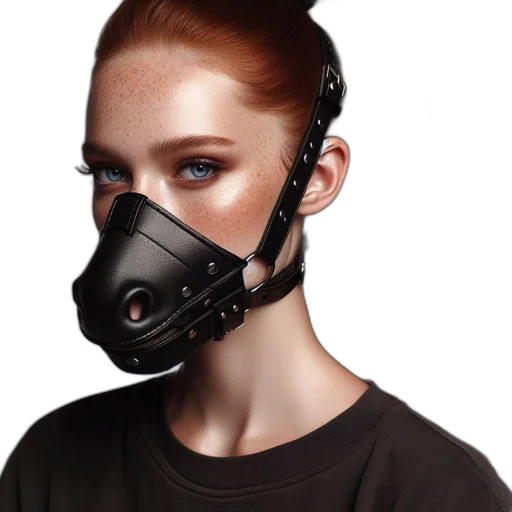 mask, face, cyberpunk, photorealistic, woman, red, hair, freckles transparent PNG cut-out