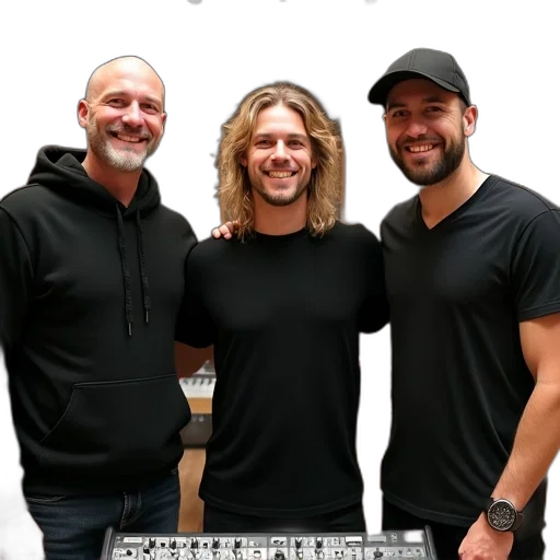 staff, jacket, hair, three, men, standing, recording, studio transparent PNG cut-out