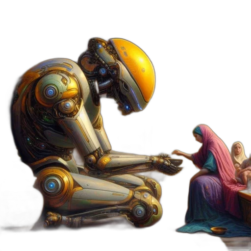 robot, concept art, fantasy art, cyberpunk, 3d render, outer space, golden, opulent transparent PNG cut-out